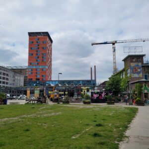 Foto van een grasveldje met een hoog gebouw in de verte en een hijskraan